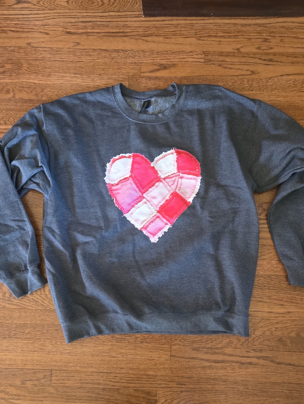 Gray Sweatshirt with Pink Patchwork Heart Applique